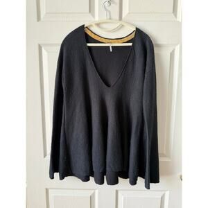 Free People Black Linen Cotton Oversized Bell Sleeve Sweater Womens Large Boho